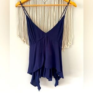 Dark Blue, Deep V-Neck, Spaghetti Strap, Hanker-Chief Shirt